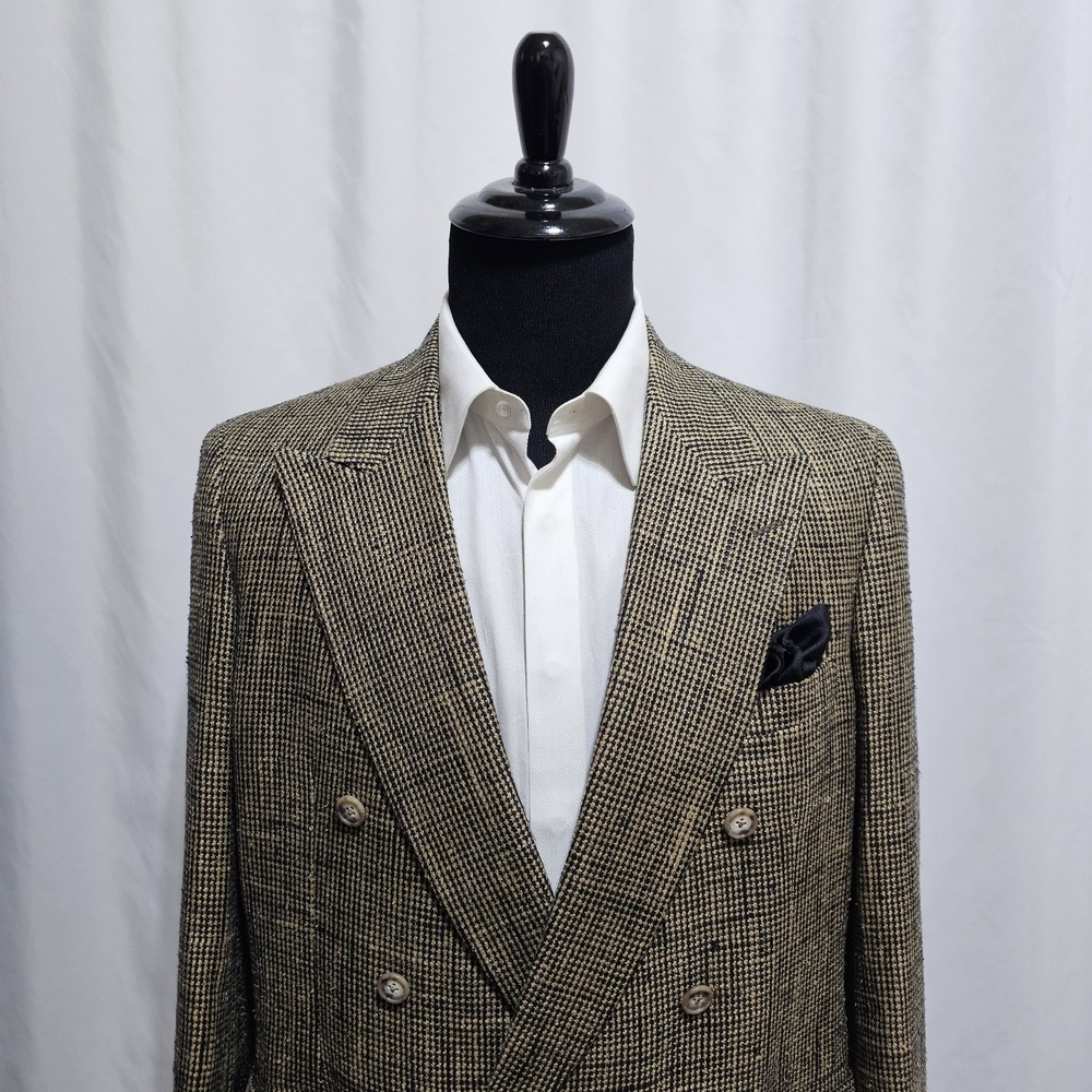Vtg Meeting Street Raw Silk Blazer Men 42R Double Breasted Coat Tweed Peak Check